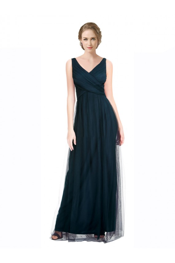 Bleu 7 Trapèze Col V Tulle Longue Robes demoiselle d'honneur Pas Cher
