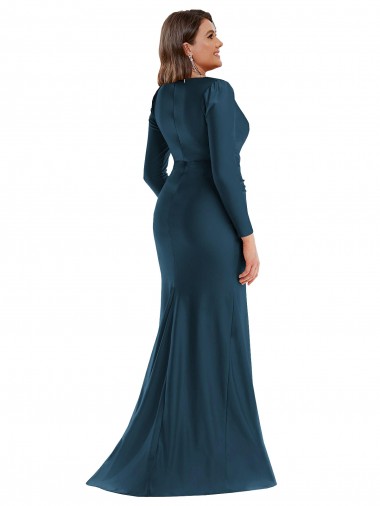Bleu Atlantic Sirène Col V Satiné Soyeux Longue Formelles Robes demoiselle d'honneur / Robes de soirée / Robes de bal