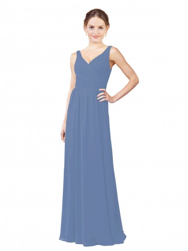 Bleu Windsor Fourreau Col V Mousseline Longue Robes demoiselle d'honneur Pas Cher