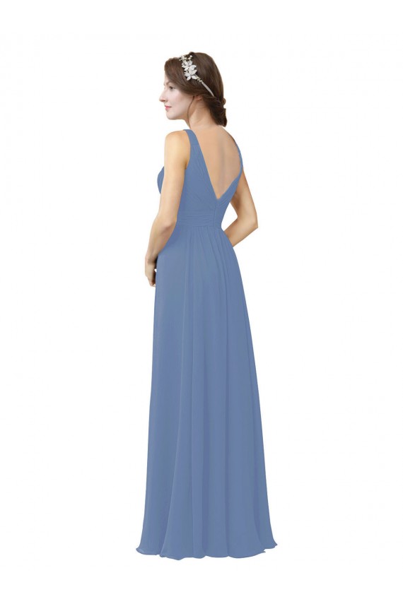 Bleu Windsor Fourreau Col V Mousseline Longue Robes demoiselle d'honneur Pas Cher
