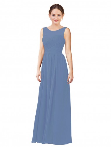 Bleu Windsor Fourreau Illusion Mousseline Longue Robes demoiselle d'honneur Pas Cher