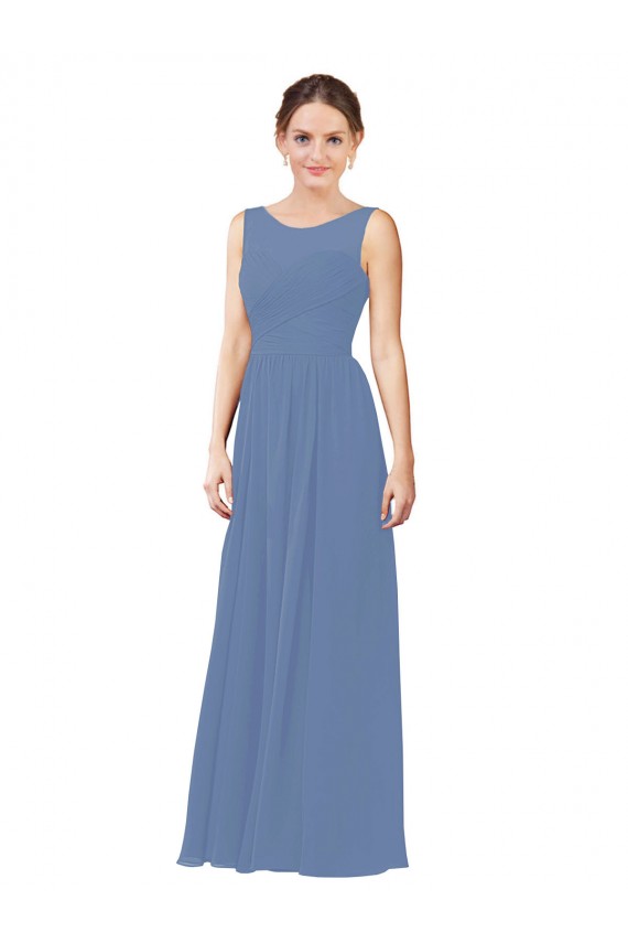 Bleu Windsor Fourreau Illusion Mousseline Longue Robes demoiselle d'honneur Pas Cher