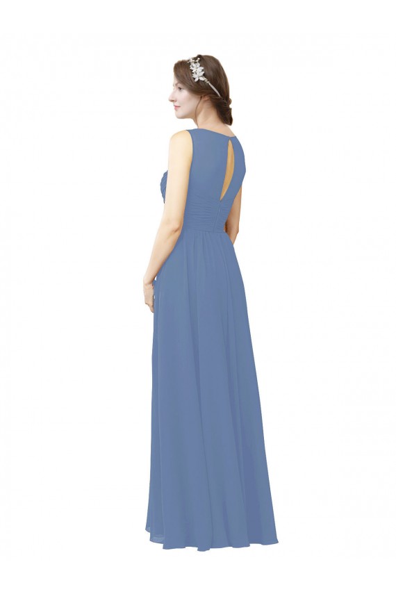 Bleu Windsor Fourreau Illusion Mousseline Longue Robes demoiselle d'honneur Pas Cher