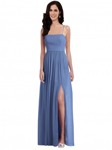 Bleu Windsor Trapèze Bretelles spaghetti Mousseline Longue Robes demoiselle d'honneur Pas Cher