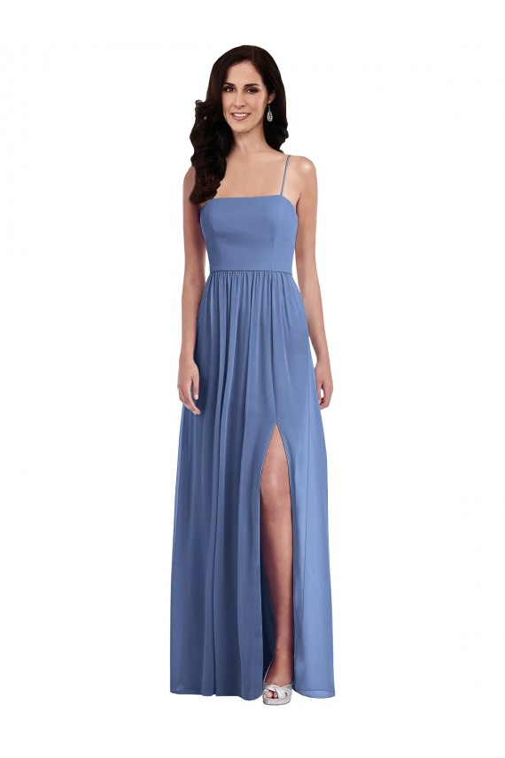 Bleu Windsor Trapèze Bretelles spaghetti Mousseline Longue Robes demoiselle d'honneur Pas Cher