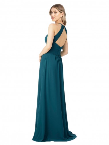 Bleu Windsor Trapèze Col Haut Mousseline Longue Robes demoiselle d'honneur