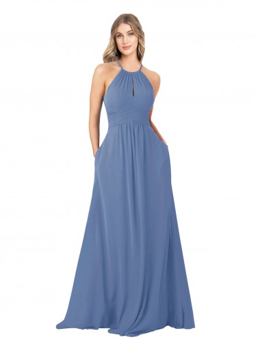 Bleu Windsor Trapèze Col Haut Mousseline Longue Robes demoiselle d'honneur Pas Cher