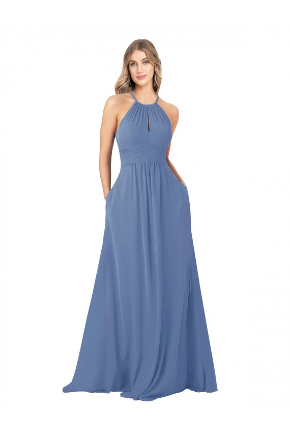 Bleu Windsor Trapèze Col Haut Mousseline Longue Robes demoiselle d'honneur Pas Cher