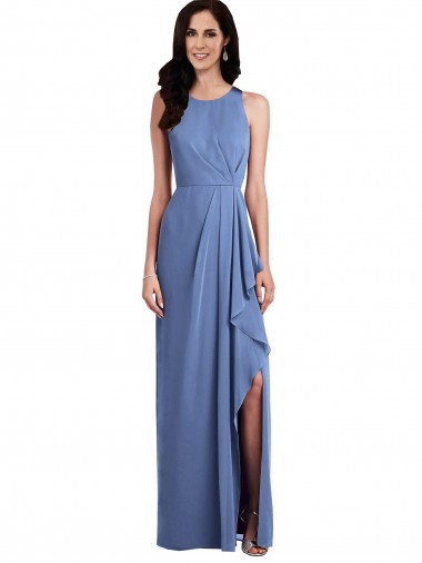 Bleu Windsor Trapèze Col bijou Mousseline Longue Robes demoiselle d'honneur Pas Cher