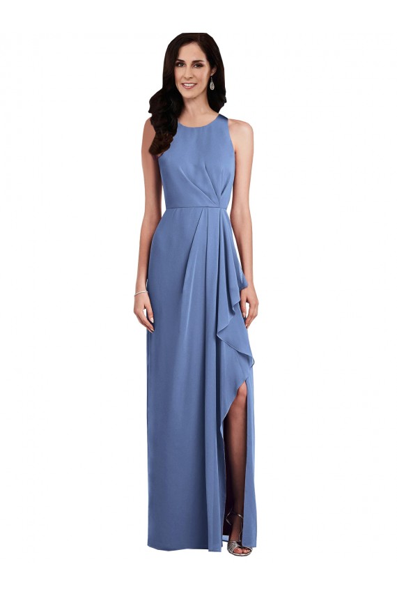 Bleu Windsor Trapèze Col bijou Mousseline Longue Robes demoiselle d'honneur Pas Cher