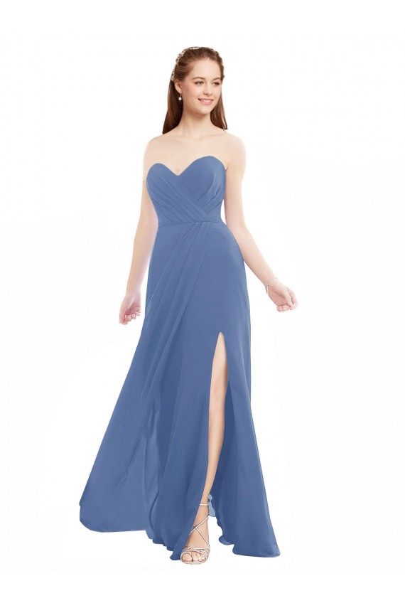 Bleu Windsor Trapèze Sans bretelle Mousseline Longue Robes demoiselle d'honneur Pas Cher