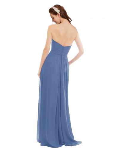 Bleu Windsor Trapèze Sans bretelle Mousseline Longue Robes demoiselle d'honneur