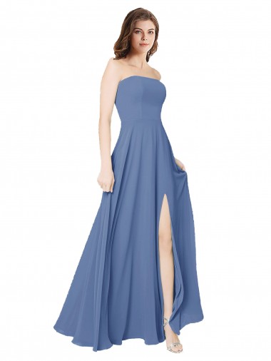 Bleu Windsor Trapèze Sans bretelle Mousseline Longue Robes demoiselle d'honneur Pas Cher
