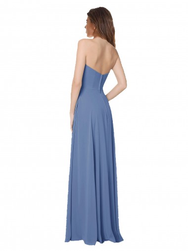 Bleu Windsor Trapèze Sans bretelle Mousseline Longue Robes demoiselle d'honneur