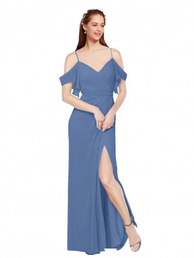 Bleu Windsor Trapèze Épaule Dénudée Mousseline Longue Robes demoiselle d'honneur Pas Cher