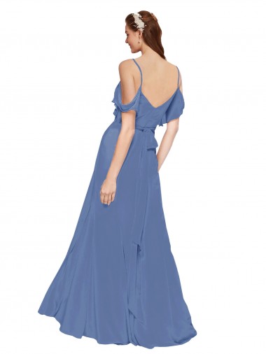 Bleu Windsor Trapèze Épaule Dénudée Mousseline Longue Robes demoiselle d'honneur