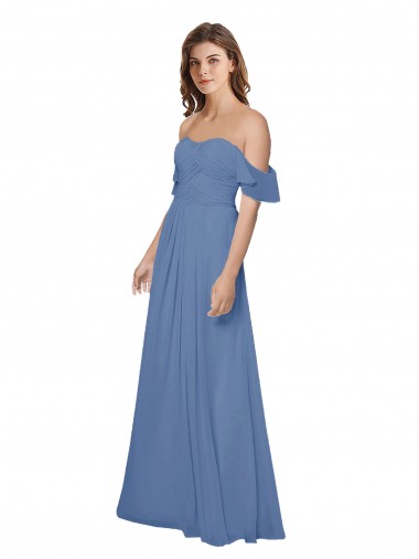 Bleu Windsor Trapèze Épaule Dénudée Sans bretelle Mousseline Longue Robes demoiselle d'honneur Pas Cher