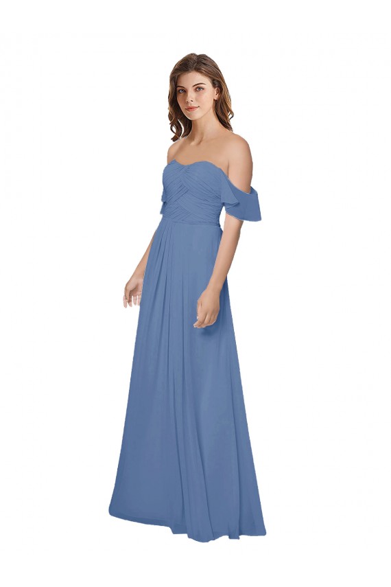 Bleu Windsor Trapèze Épaule Dénudée Sans bretelle Mousseline Longue Robes demoiselle d'honneur Pas Cher