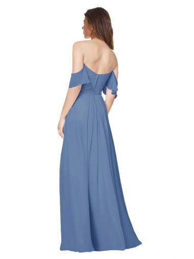 Bleu Windsor Trapèze Épaule Dénudée Sans bretelle Mousseline Longue Robes demoiselle d'honneur
