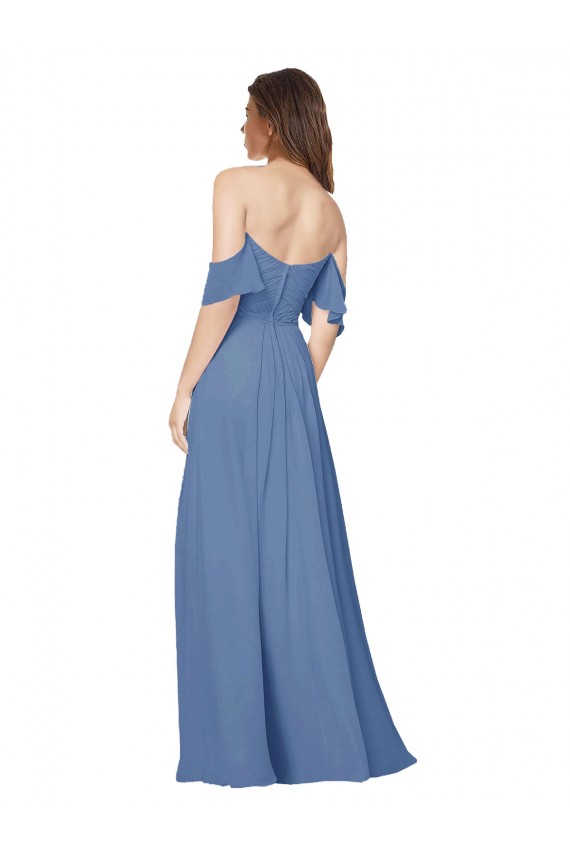 Bleu Windsor Trapèze Épaule Dénudée Sans bretelle Mousseline Longue Robes demoiselle d'honneur Pas Cher