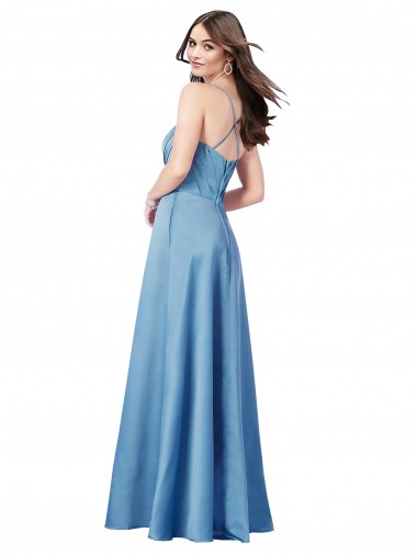 Bleu ciel Fourreau Bretelles spaghetti Col Carré Satiné Longue Formelles Robes demoiselle d'honneur / Robes de soirée / Robes de bal