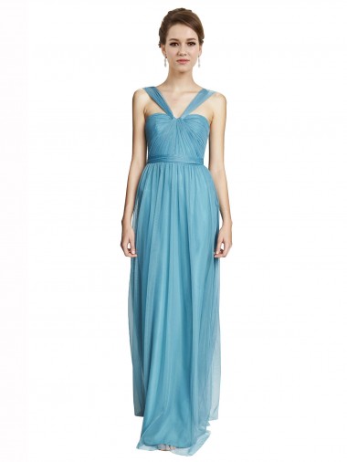 Bleu ciel Trapèze Bretelles spaghetti Col V Tulle Longue Robes demoiselle d'honneur Pas Cher