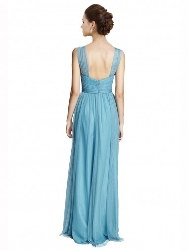 Bleu ciel Trapèze Bretelles spaghetti Col V Tulle Longue Robes demoiselle d'honneur