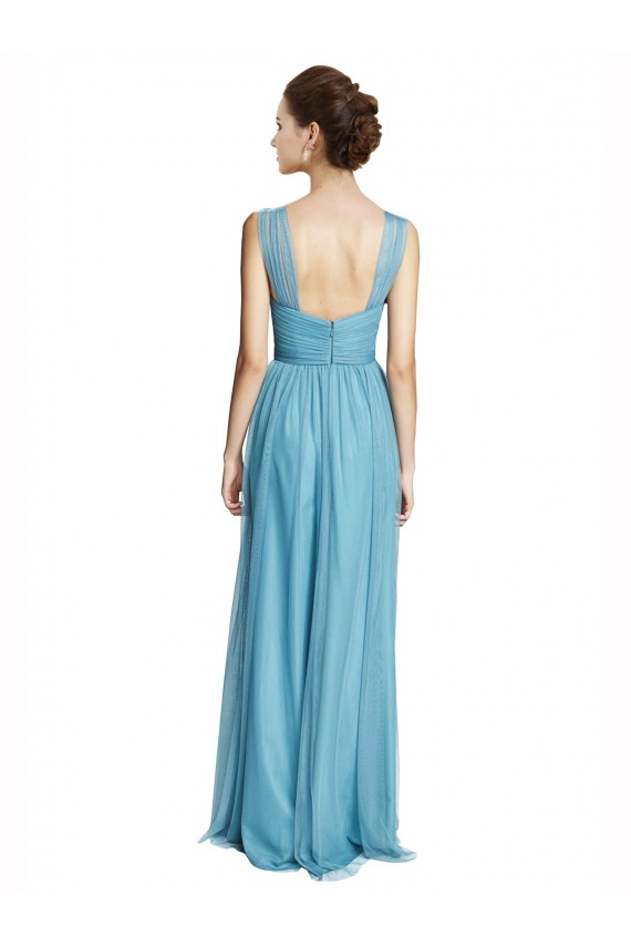 Bleu ciel Trapèze Bretelles spaghetti Col V Tulle Longue Robes demoiselle d'honneur Pas Cher