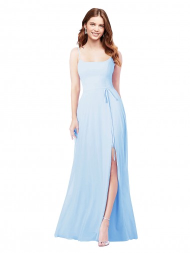 Bleu ciel clair Fourreau Bretelles spaghetti Col Carré Mousseline Longue Robes demoiselle d'honneur Pas Cher
