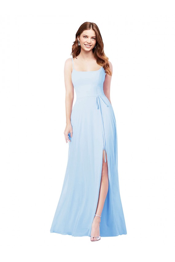 Bleu ciel clair Fourreau Bretelles spaghetti Col Carré Mousseline Longue Robes demoiselle d'honneur Pas Cher