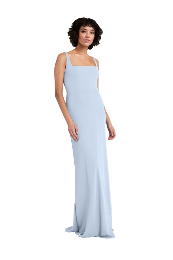 Bleu ciel clair Fourreau Col Carré Crêpe Stretch Longue Robes demoiselle d'honneur / Robes de bal Pas Cher