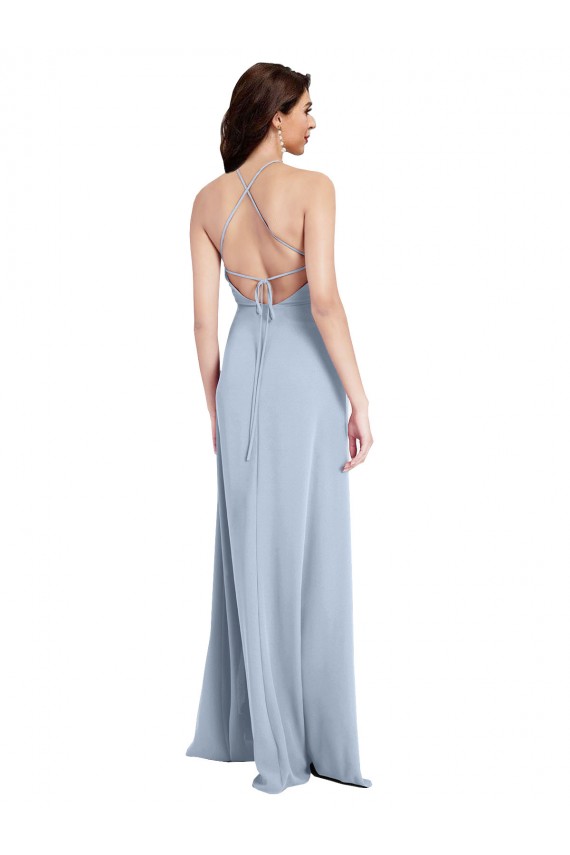 Bleu ciel clair Fourreau Licou Col Haut Crêpe Stretch Longue Formelles Robes demoiselle d'honneur / Robes de soirée / Robes de bal Pas Cher
