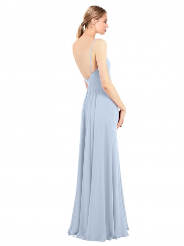 Bleu ciel clair Trapèze Bretelles spaghetti Col Carré Mousseline Longue Robes demoiselle d'honneur