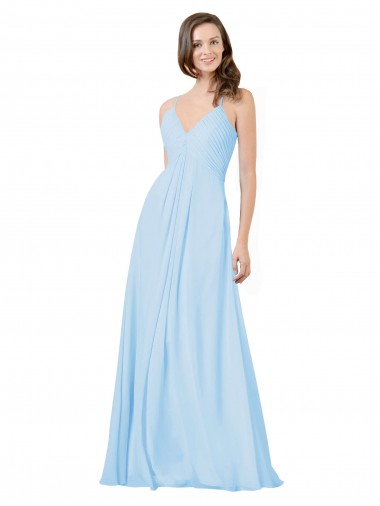 Bleu ciel clair Trapèze Bretelles spaghetti Col V Mousseline Longue Robes demoiselle d'honneur Pas Cher