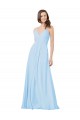 Bleu ciel clair Trapèze Bretelles spaghetti Col V Mousseline Longue Robes demoiselle d'honneur Pas Cher