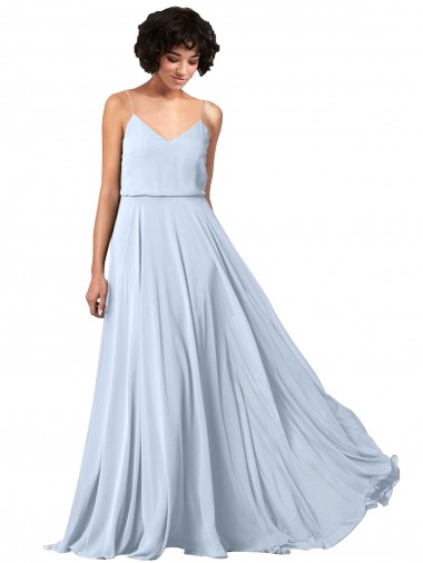 Bleu ciel clair Trapèze Bretelles spaghetti Col V Mousseline Longue Robes demoiselle d'honneur Pas Cher