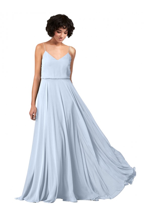 Bleu ciel clair Trapèze Bretelles spaghetti Col V Mousseline Longue Robes demoiselle d'honneur Pas Cher