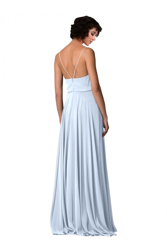 Bleu ciel clair Trapèze Bretelles spaghetti Col V Mousseline Longue Robes demoiselle d'honneur Pas Cher