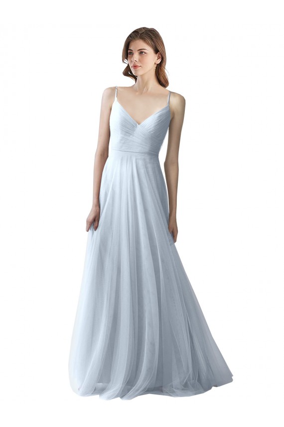 Bleu ciel clair Trapèze Bretelles spaghetti Col V Tulle Longue Robes demoiselle d'honneur Pas Cher