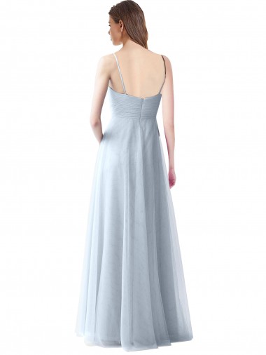 Bleu ciel clair Trapèze Bretelles spaghetti Col V Tulle Longue Robes demoiselle d'honneur