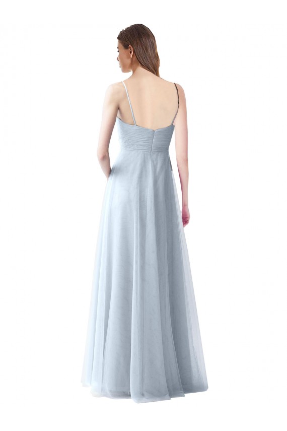 Bleu ciel clair Trapèze Bretelles spaghetti Col V Tulle Longue Robes demoiselle d'honneur Pas Cher