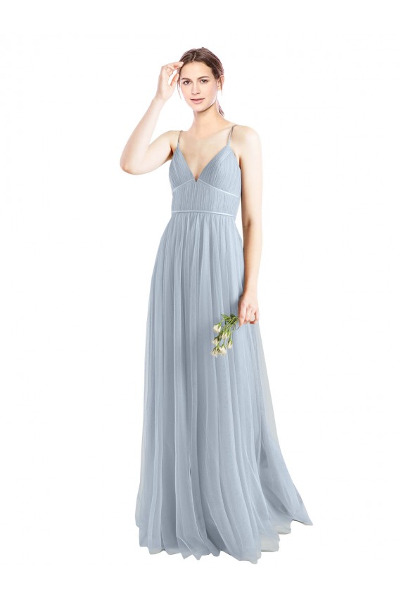 Bleu ciel clair Trapèze Bretelles spaghetti Col V Tulle Longue Robes demoiselle d'honneur Pas Cher