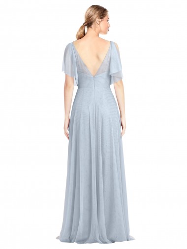 Bleu ciel clair Trapèze Bretelles spaghetti Col V Tulle Longue Robes demoiselle d'honneur