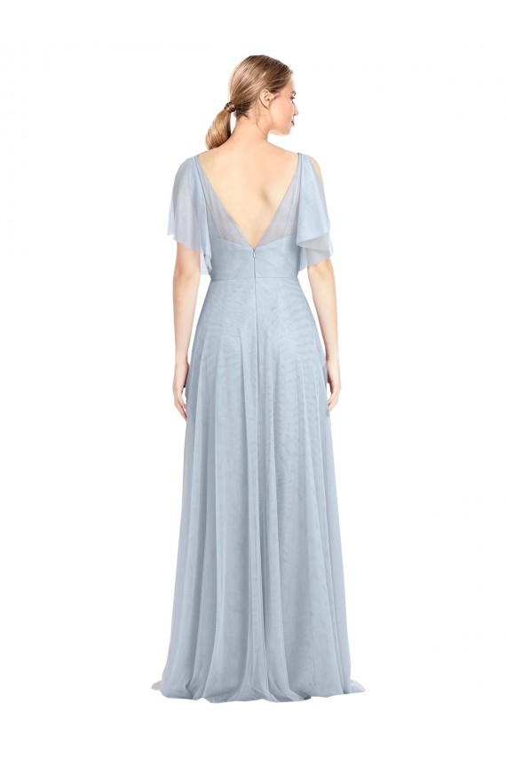 Bleu ciel clair Trapèze Bretelles spaghetti Col V Tulle Longue Robes demoiselle d'honneur Pas Cher