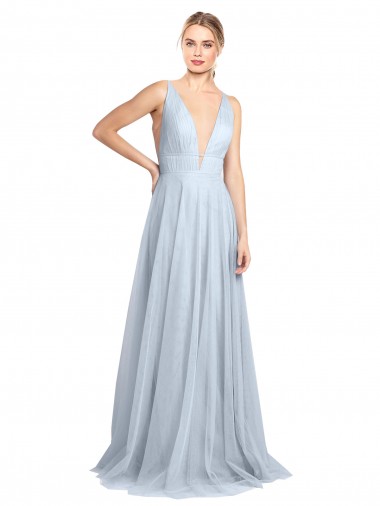 Bleu ciel clair Trapèze Bretelles spaghetti Col V Tulle Longue Robes demoiselle d'honneur Pas Cher