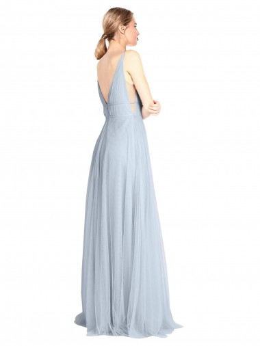 Bleu ciel clair Trapèze Bretelles spaghetti Col V Tulle Longue Robes demoiselle d'honneur