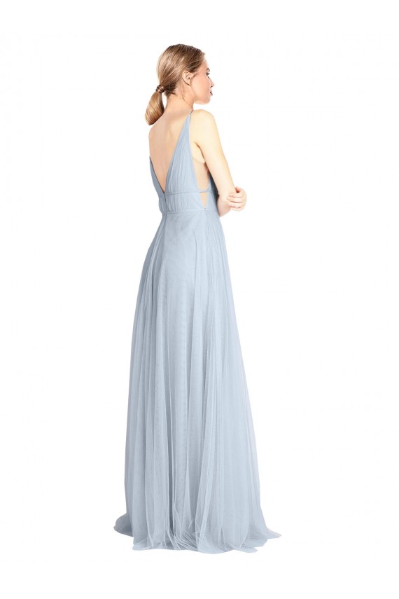 Bleu ciel clair Trapèze Bretelles spaghetti Col V Tulle Longue Robes demoiselle d'honneur Pas Cher