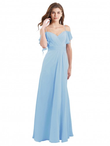 Bleu ciel clair Trapèze Bretelles spaghetti Mousseline Longue Robes demoiselle d'honneur Pas Cher