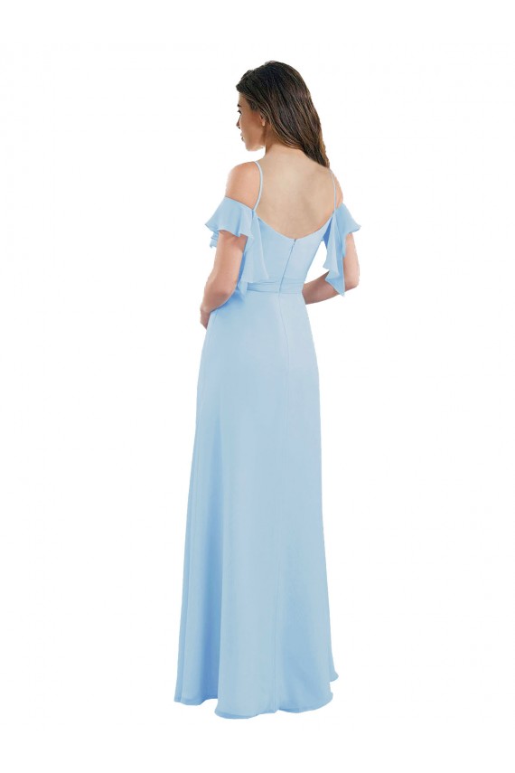 Bleu ciel clair Trapèze Bretelles spaghetti Mousseline Longue Robes demoiselle d'honneur Pas Cher