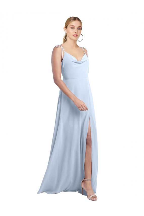 Bleu ciel clair Trapèze Bretelles spaghetti Mousseline Longue Robes demoiselle d'honneur Pas Cher